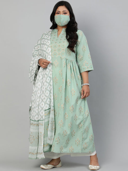Women Sage Green Printed Gathered Kurta With Plazo & Dupatta | LASVINI - Redefining Indian Fashion with Elegance