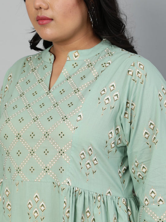 Women Sage Green Printed Gathered Kurta With Plazo & Dupatta | LASVINI - Redefining Indian Fashion with Elegance