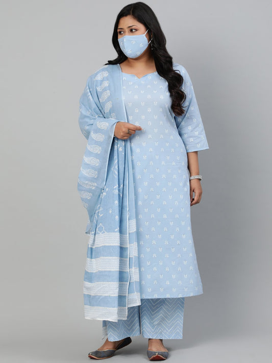 Women Powder Blue Printed Kurta With Plazo & Dupatta | LASVINI - Redefining Indian Fashion with Elegance