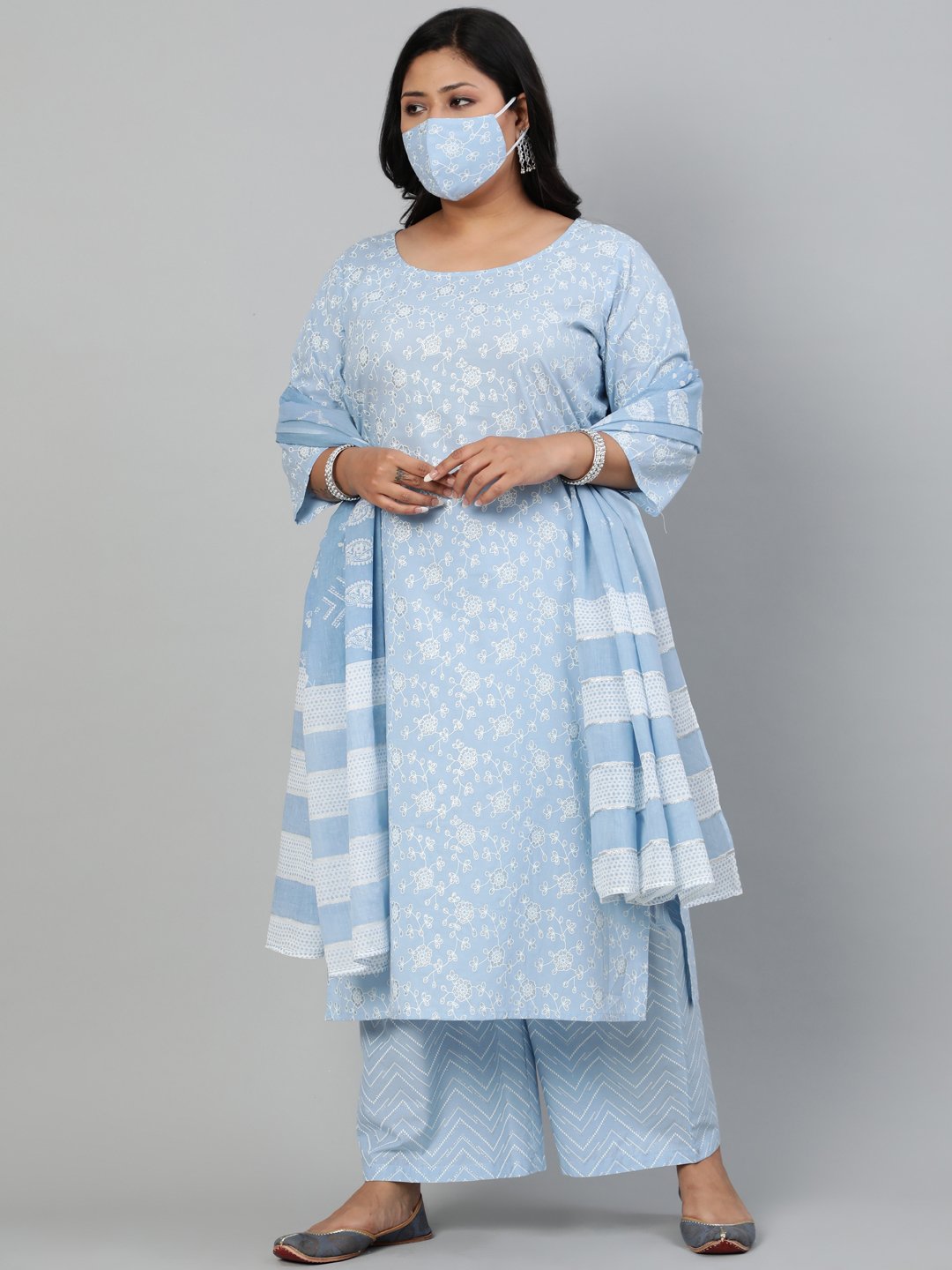Women Powder Blue Printed Kurta With Plazo & Dupatta | LASVINI - Redefining Indian Fashion with Elegance