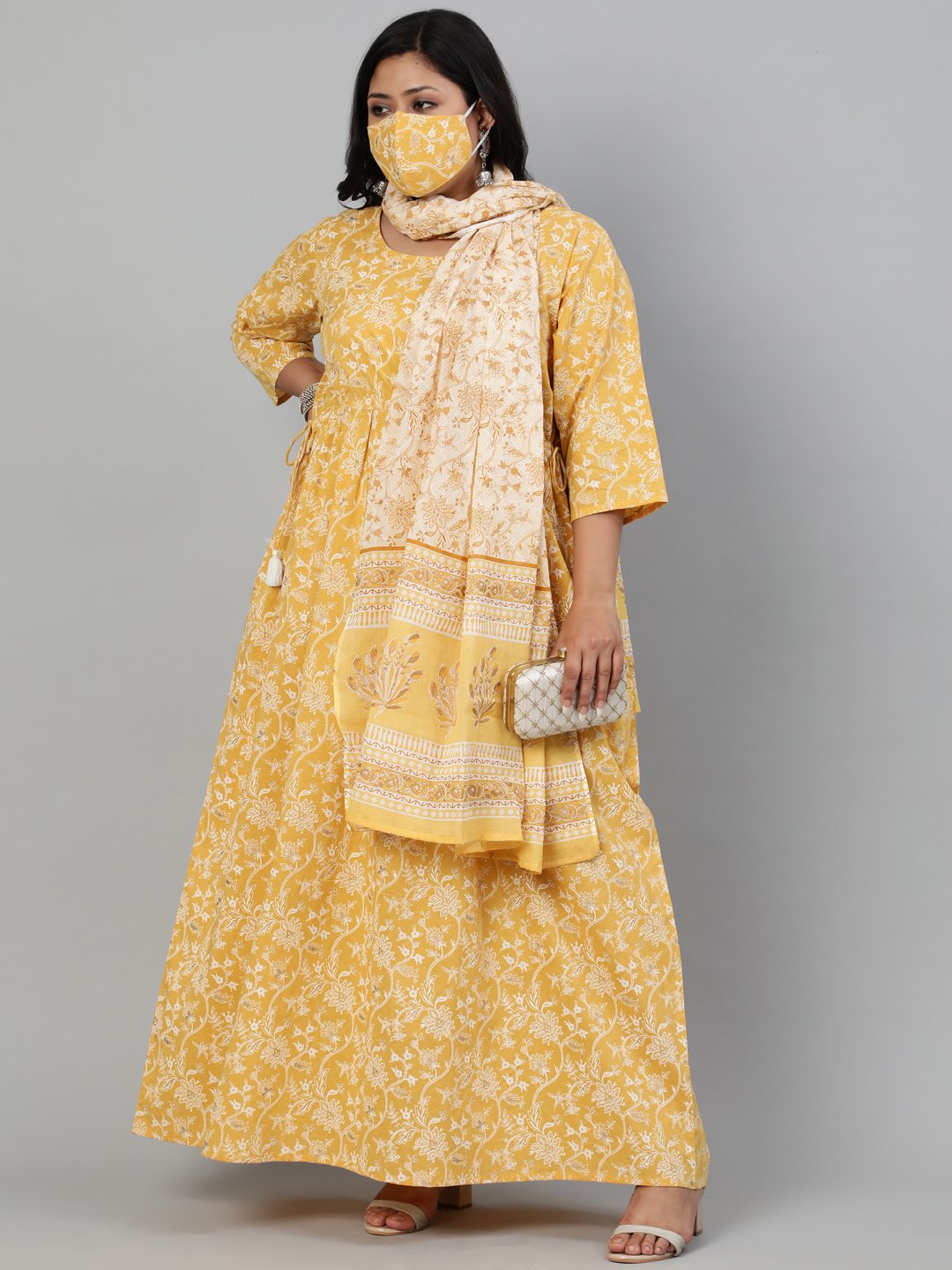 Women Yellow & Gold Floral Printed Kurta With Plazo & Dupatta | LASVINI - Redefining Indian Fashion with Elegance