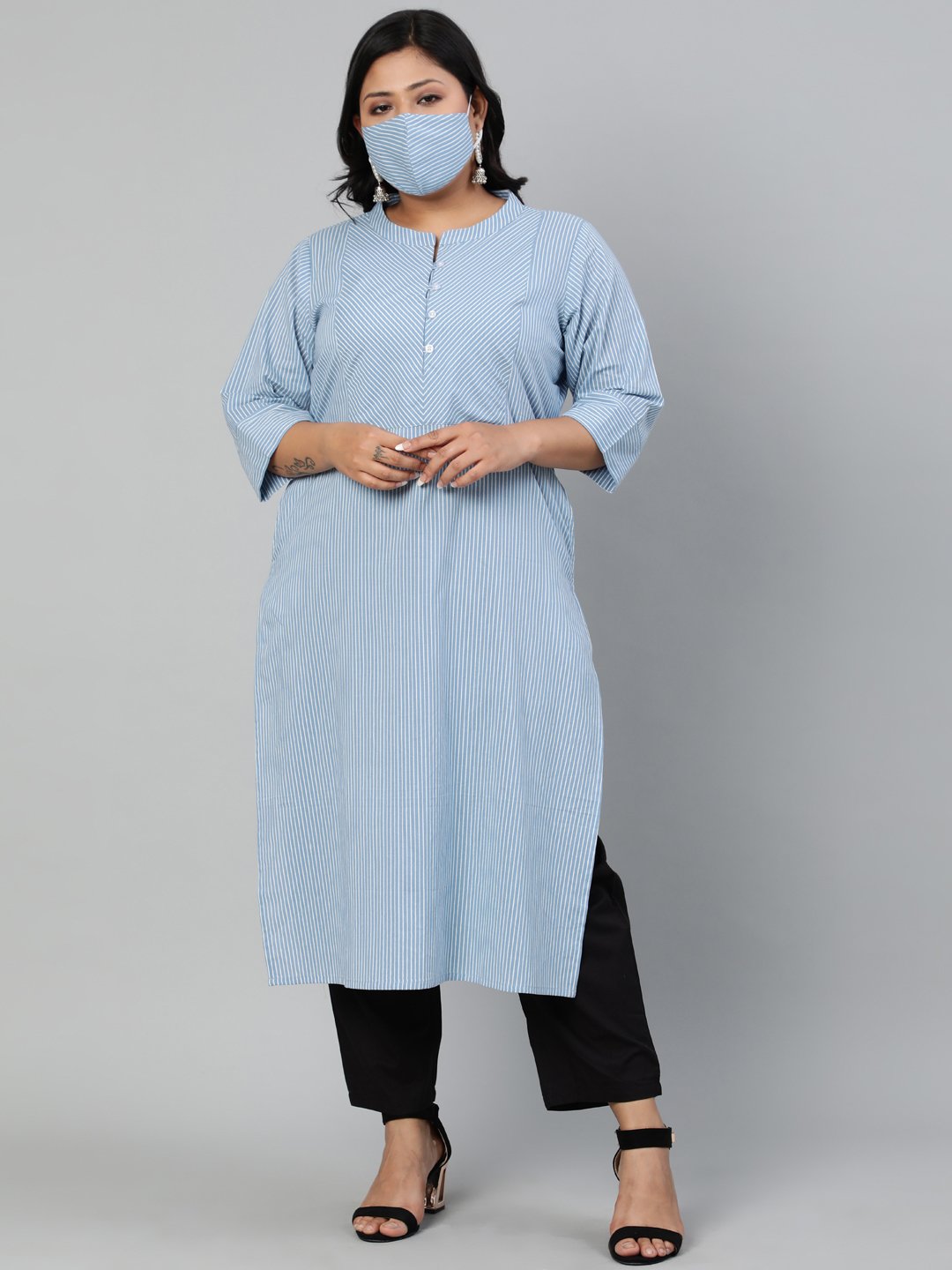 Women Blue & Off-White Striped Straight Kurta With Round Neck & Three Quarters Sleeves | LASVINI - Redefining Indian Fashion with Elegance