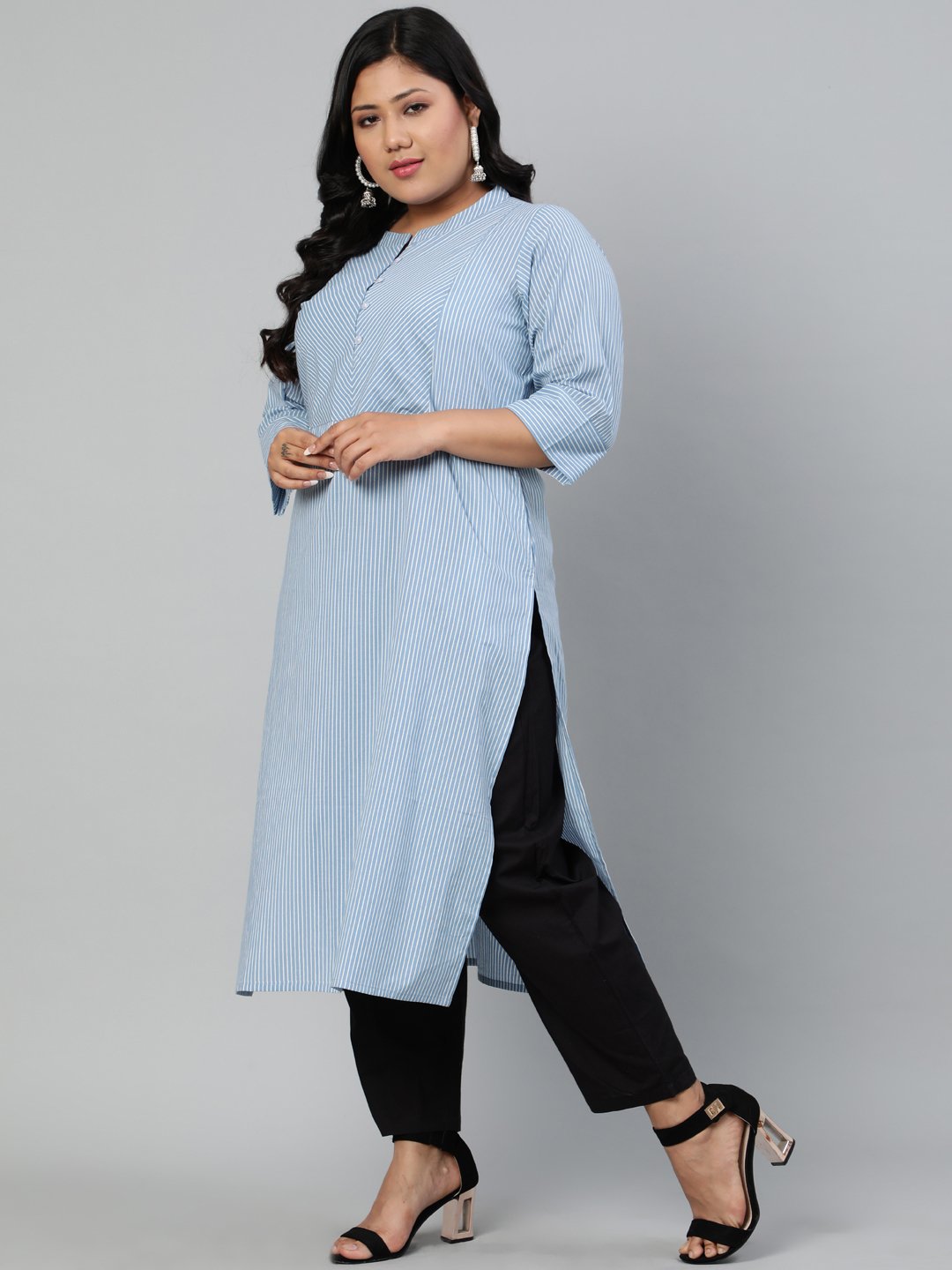 Women Blue & Off-White Striped Straight Kurta With Round Neck & Three Quarters Sleeves | LASVINI - Redefining Indian Fashion with Elegance