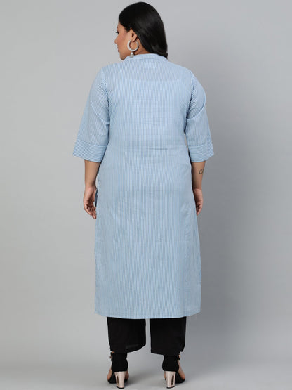 Women Blue & Off-White Striped Straight Kurta With Round Neck & Three Quarters Sleeves | LASVINI - Redefining Indian Fashion with Elegance