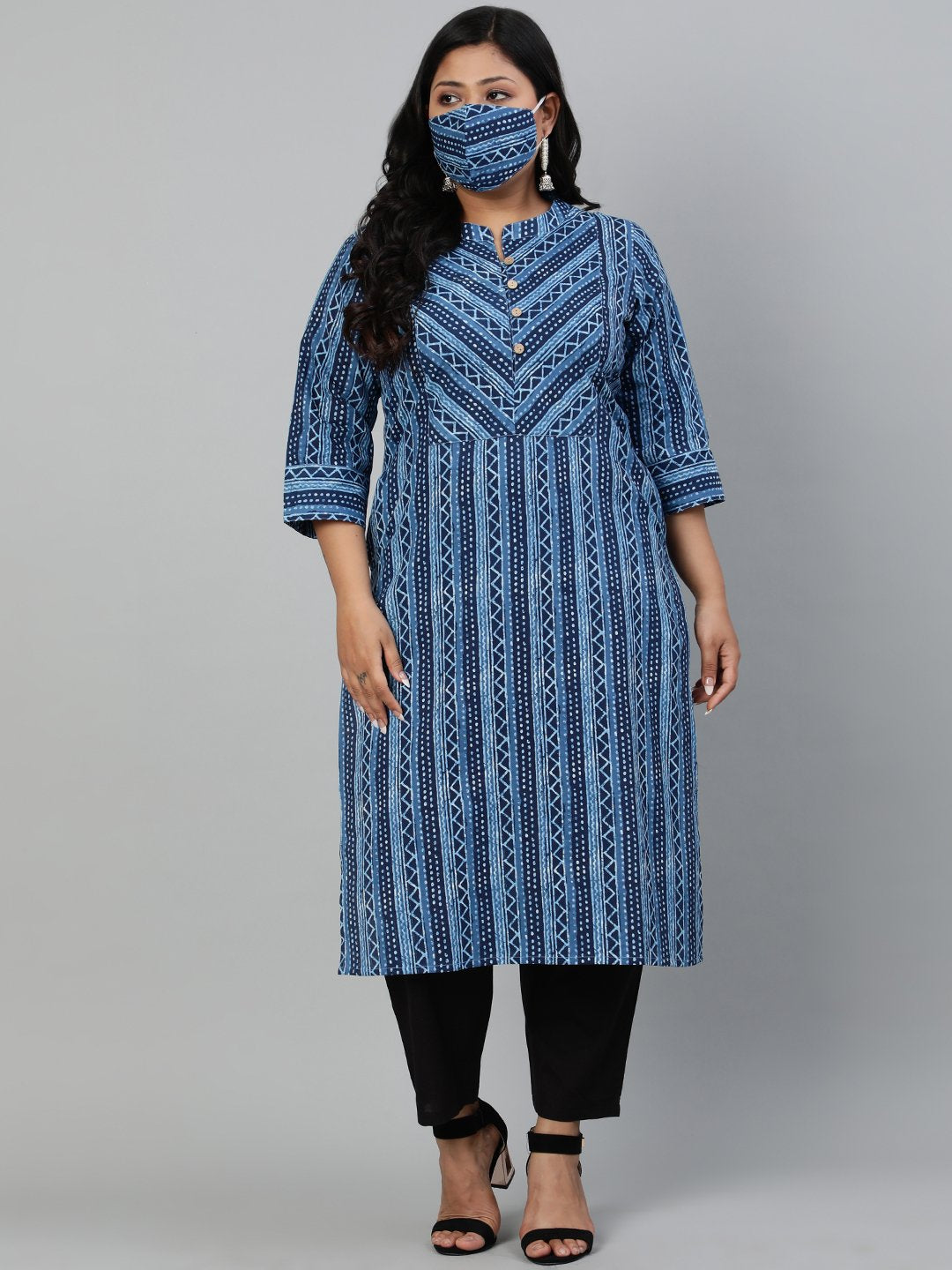 Women Blue Printed Straight Kurta With Round Neck & Three Quarters Sleeves | LASVINI - Redefining Indian Fashion with Elegance