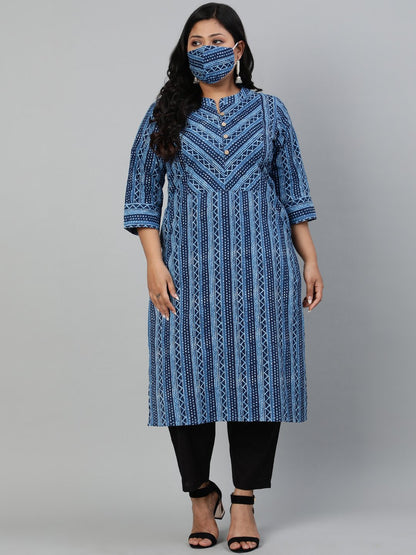 Women Blue Printed Straight Kurta With Round Neck & Three Quarters Sleeves | LASVINI - Redefining Indian Fashion with Elegance