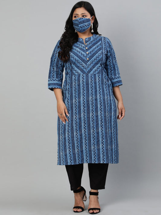 Women Blue Printed Straight Kurta With Round Neck & Three Quarters Sleeves | LASVINI - Redefining Indian Fashion with Elegance