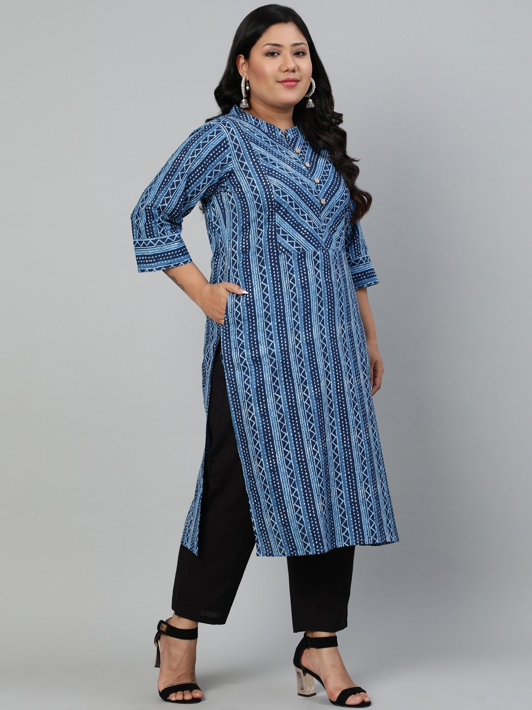 Women Blue Printed Straight Kurta With Round Neck & Three Quarters Sleeves | LASVINI - Redefining Indian Fashion with Elegance