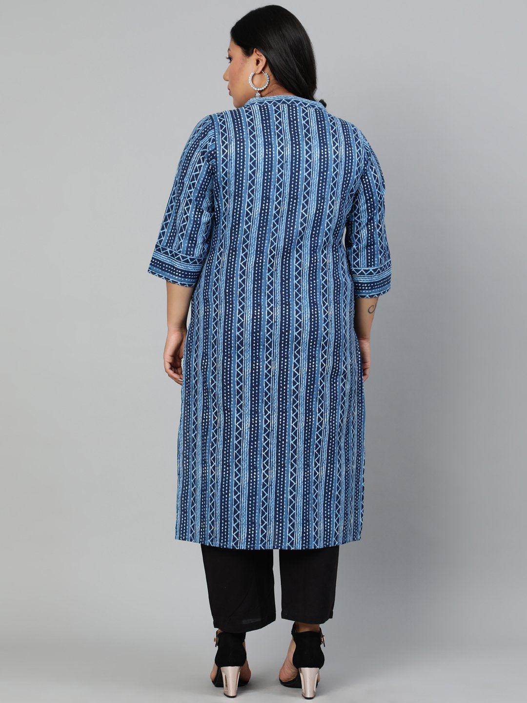 Women Blue Printed Straight Kurta With Round Neck & Three Quarters Sleeves | LASVINI - Redefining Indian Fashion with Elegance