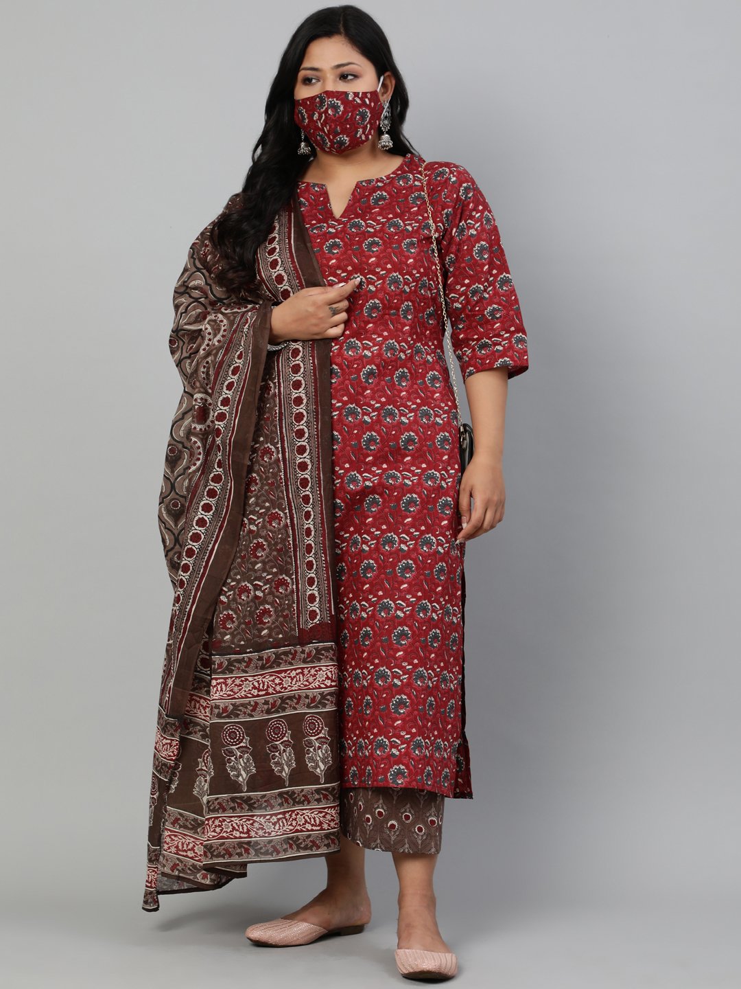 Women Maroon & Taupe Floral Printed Kurta With Plazo & Dupatta | LASVINI - Redefining Indian Fashion with Elegance