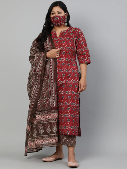 Women Maroon & Taupe Floral Printed Kurta With Plazo & Dupatta | LASVINI - Redefining Indian Fashion with Elegance