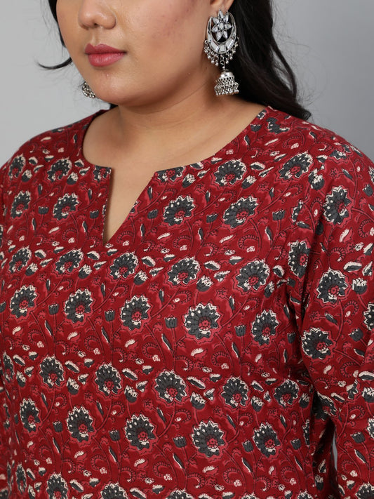 Women Maroon & Taupe Floral Printed Kurta With Plazo & Dupatta | LASVINI - Redefining Indian Fashion with Elegance