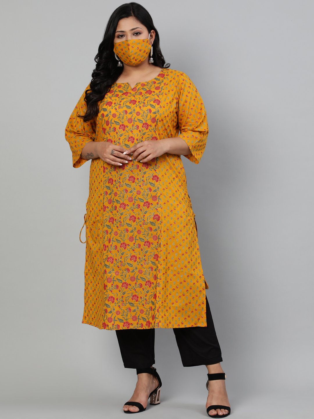 Women Mustard Printed Straight Kurta With Round Neck & Three Quarters Sleeves | LASVINI - Redefining Indian Fashion with Elegance