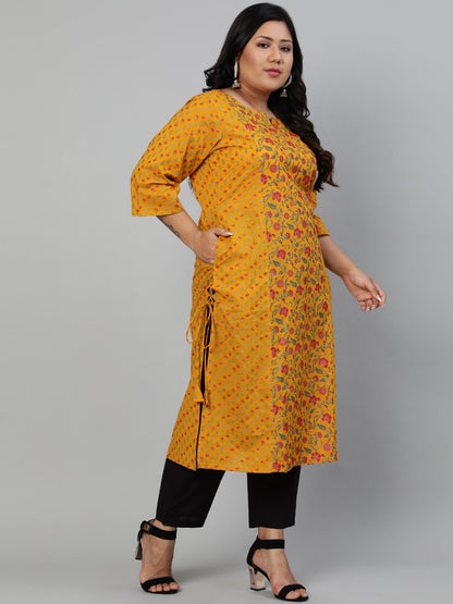 Women Mustard Printed Straight Kurta With Round Neck & Three Quarters Sleeves | LASVINI - Redefining Indian Fashion with Elegance
