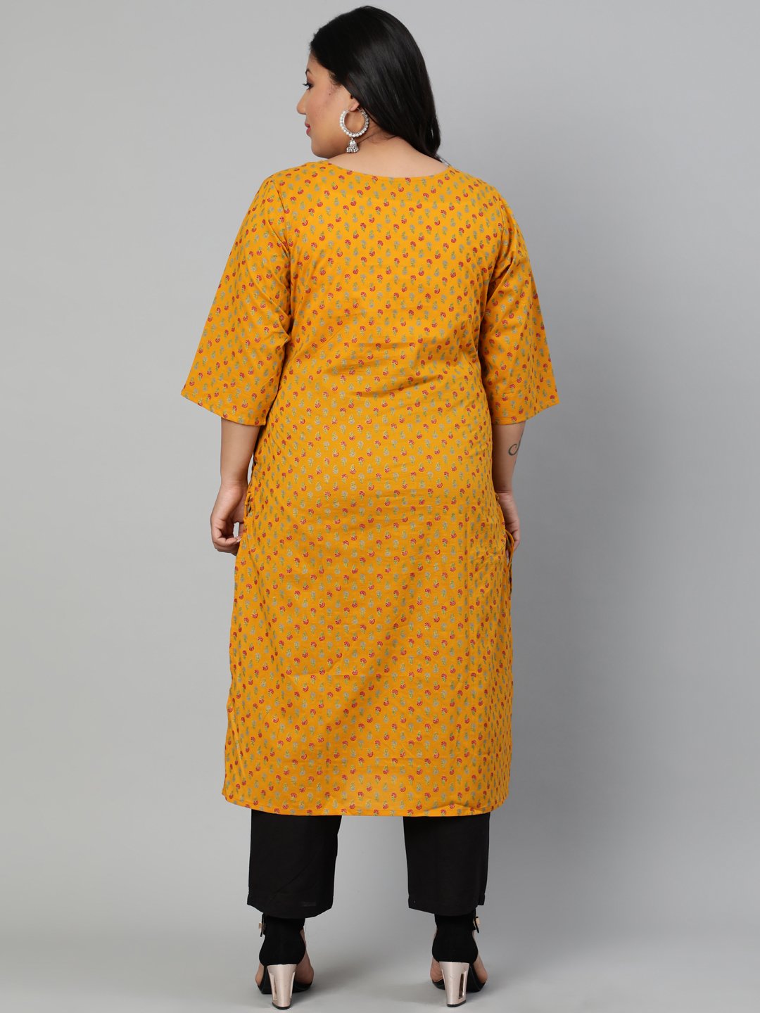 Women Mustard Printed Straight Kurta With Round Neck & Three Quarters Sleeves | LASVINI - Redefining Indian Fashion with Elegance