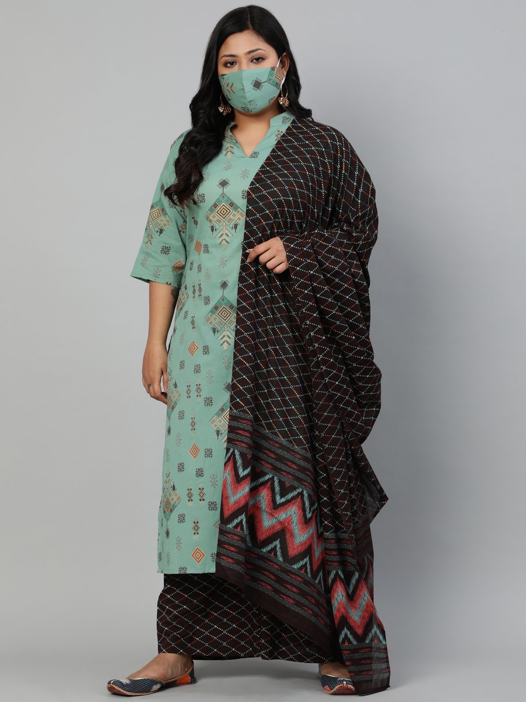 Women Sage Green & Brown Printed Straight Kurta With Plazao & Dupatta | LASVINI - Redefining Indian Fashion with Elegance