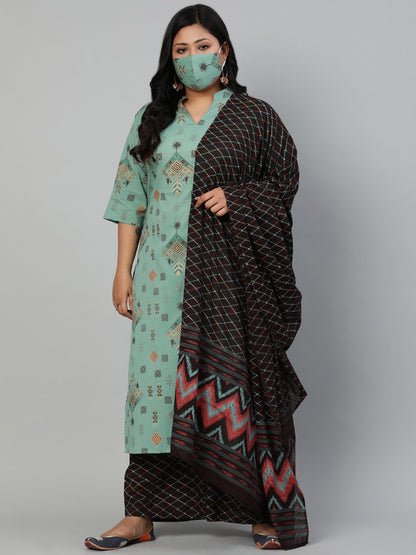 Women Sage Green & Brown Printed Straight Kurta With Plazao & Dupatta | LASVINI - Redefining Indian Fashion with Elegance