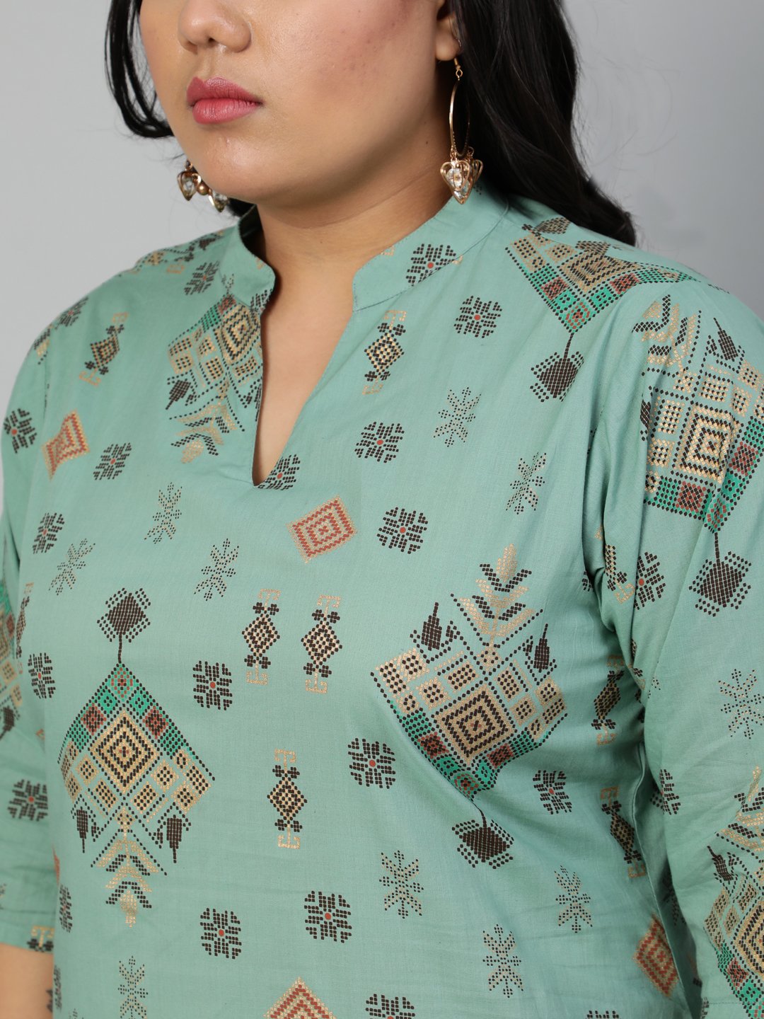 Women Sage Green & Brown Printed Straight Kurta With Plazao & Dupatta | LASVINI - Redefining Indian Fashion with Elegance