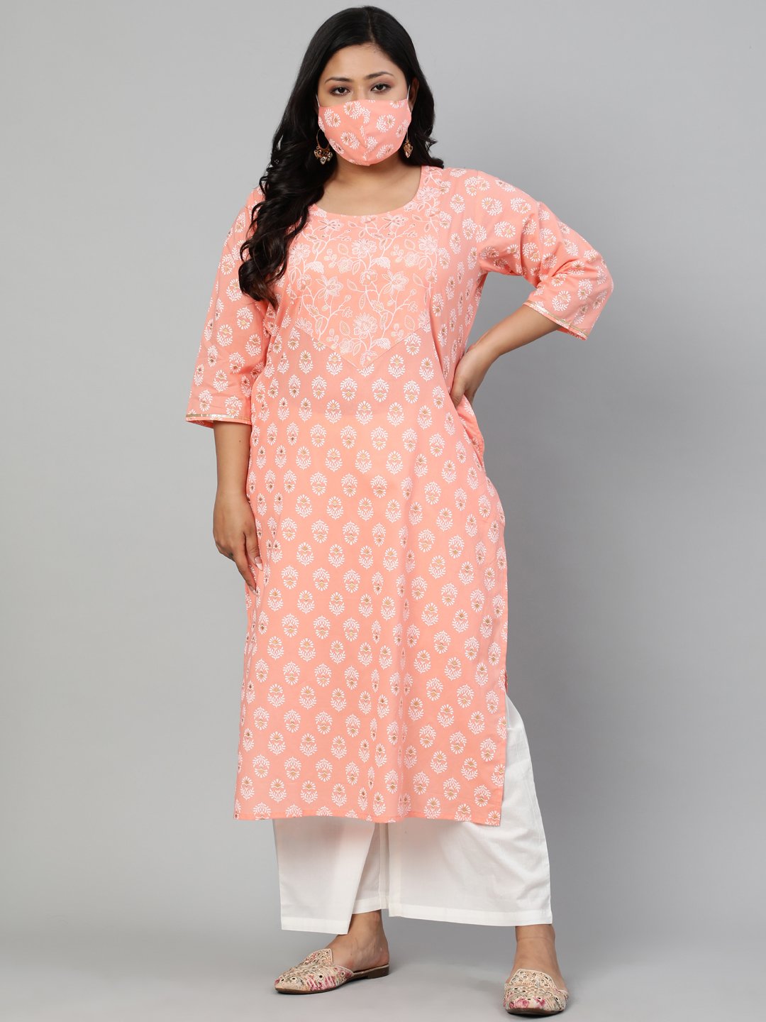Women Peach Printed Straight Kurta With Round Neck & Three Quarters Sleeves | LASVINI - Redefining Indian Fashion with Elegance