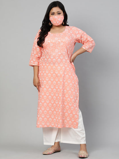 Women Peach Printed Straight Kurta With Round Neck & Three Quarters Sleeves | LASVINI - Redefining Indian Fashion with Elegance