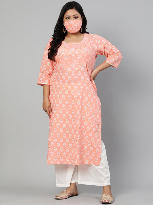 Women Peach Printed Straight Kurta With Round Neck & Three Quarters Sleeves | LASVINI - Redefining Indian Fashion with Elegance