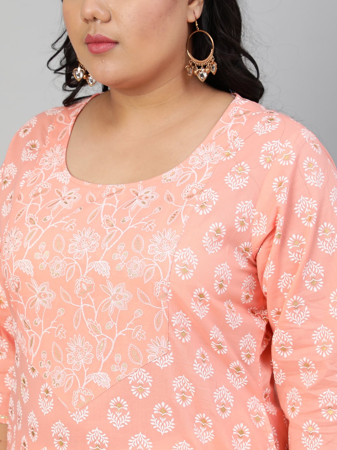 Women Peach Printed Straight Kurta With Round Neck & Three Quarters Sleeves | LASVINI - Redefining Indian Fashion with Elegance