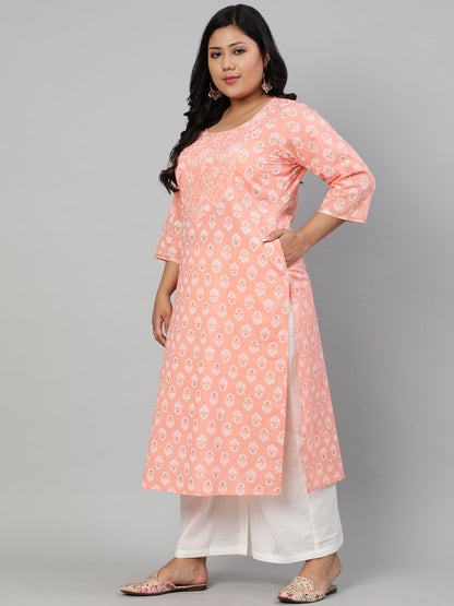 Women Peach Printed Straight Kurta With Round Neck & Three Quarters Sleeves | LASVINI - Redefining Indian Fashion with Elegance