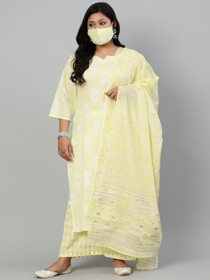Women Light Yellow & Gold Floral Printed Straight Kurta With Plazo & Dupatta | LASVINI - Redefining Indian Fashion with Elegance