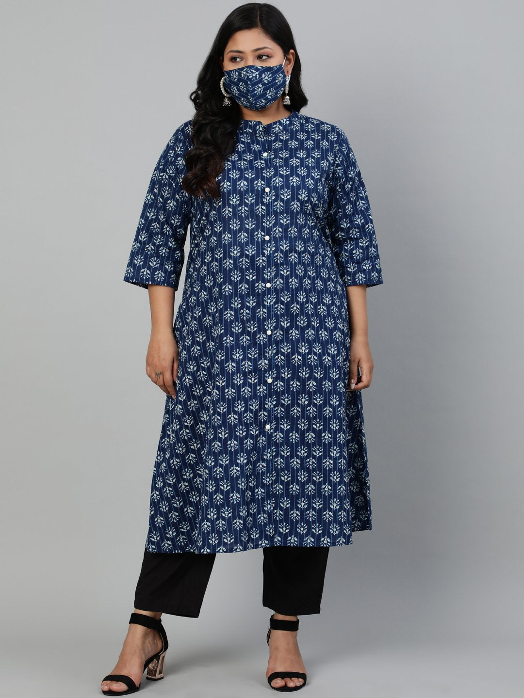 Women Indigo Blue Floral Printed Kurta With Mandarin Collar & Three Quarters Sleeves | LASVINI - Redefining Indian Fashion with Elegance