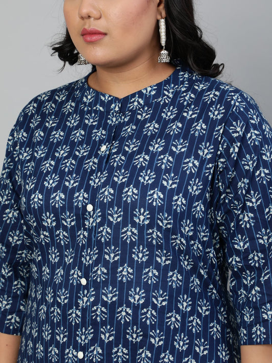 Women Indigo Blue Floral Printed Kurta With Mandarin Collar & Three Quarters Sleeves | LASVINI - Redefining Indian Fashion with Elegance