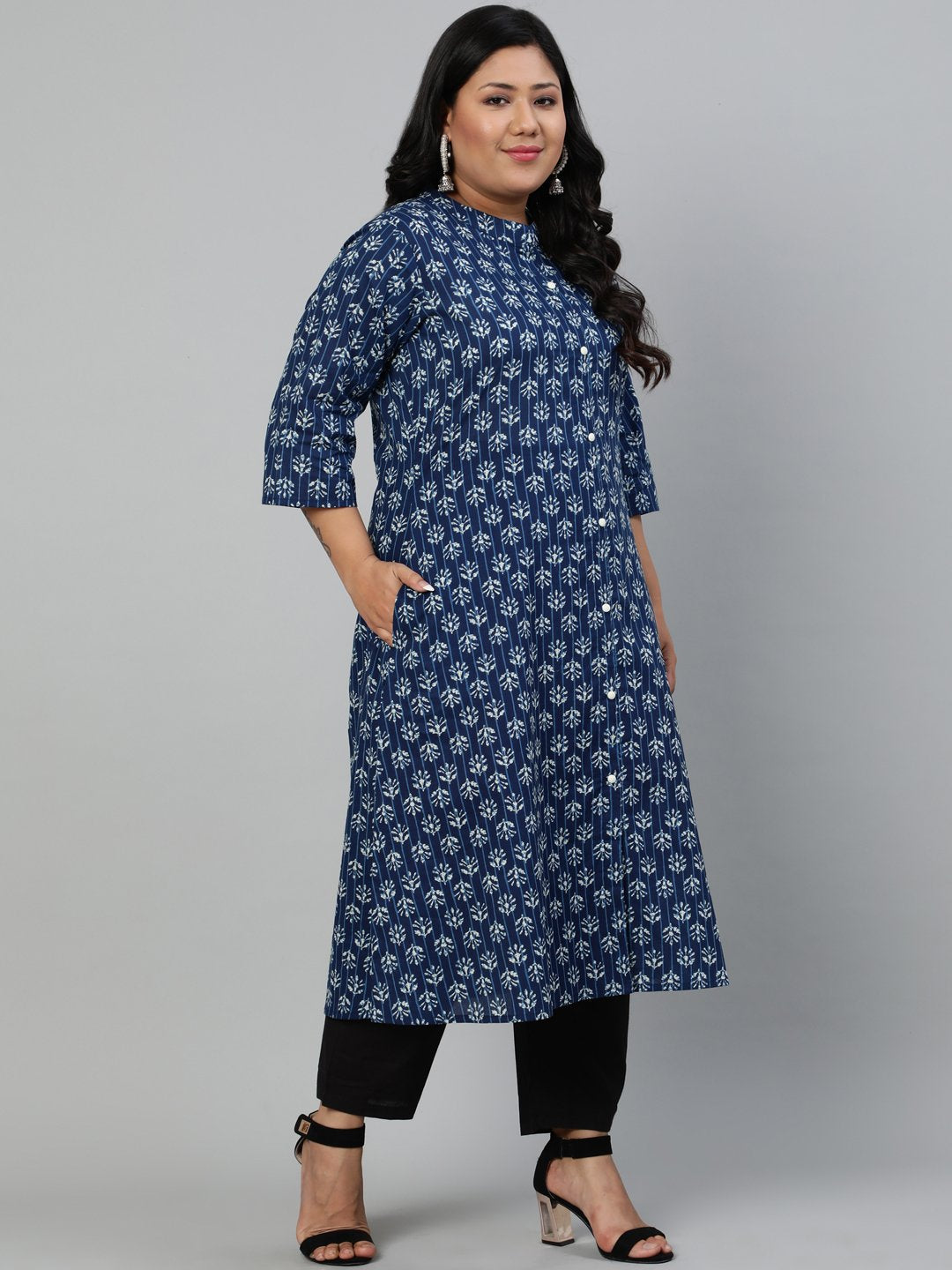 Women Indigo Blue Floral Printed Kurta With Mandarin Collar & Three Quarters Sleeves | LASVINI - Redefining Indian Fashion with Elegance