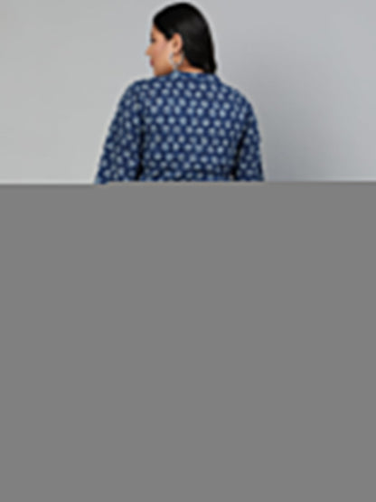 Women Indigo Blue Floral Printed Kurta With Mandarin Collar & Three Quarters Sleeves | LASVINI - Redefining Indian Fashion with Elegance