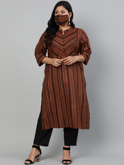 Women Brown Printed Kurta Withmandarin Collar & Three Quarters Sleeves | LASVINI - Redefining Indian Fashion with Elegance