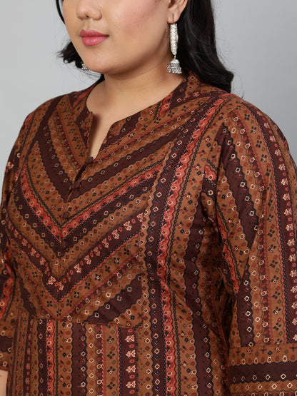 Women Brown Printed Kurta Withmandarin Collar & Three Quarters Sleeves | LASVINI - Redefining Indian Fashion with Elegance