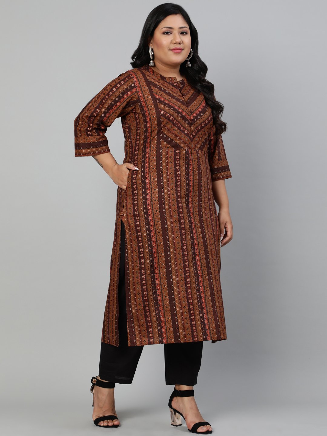 Women Brown Printed Kurta Withmandarin Collar & Three Quarters Sleeves | LASVINI - Redefining Indian Fashion with Elegance