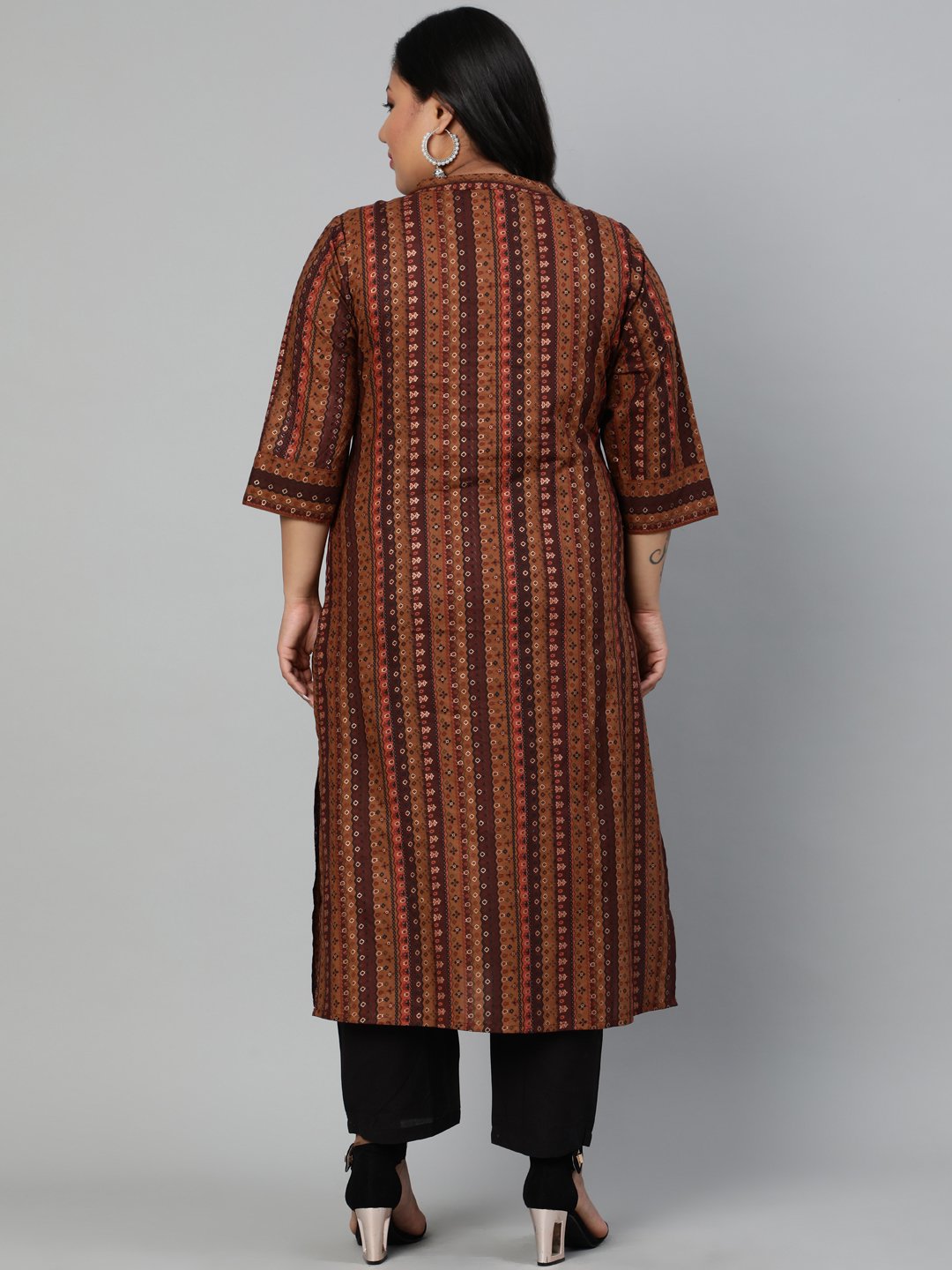 Women Brown Printed Kurta Withmandarin Collar & Three Quarters Sleeves | LASVINI - Redefining Indian Fashion with Elegance