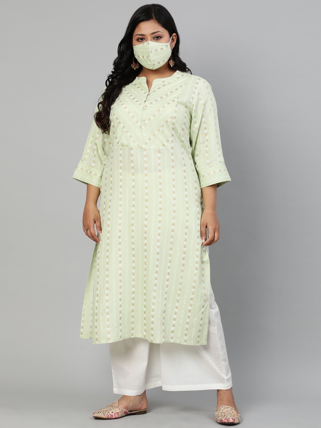 Women Pastel Green  Floral Printed Printed Kurta With Mandarin Collar & Three Quarters Sleeves | LASVINI - Redefining Indian Fashion with Elegance