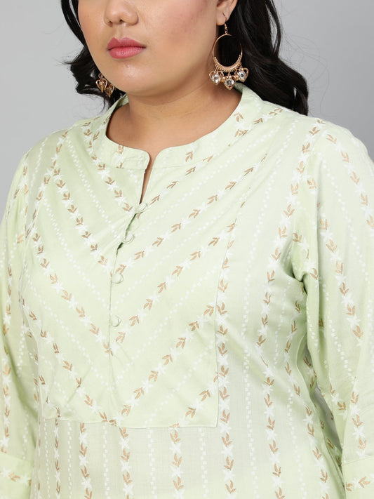 Women Pastel Green Floral Printed Printed Kurta With Mandarin Collar & Three Quarters Sleeves | LASVINI - Redefining Indian Fashion with Elegance