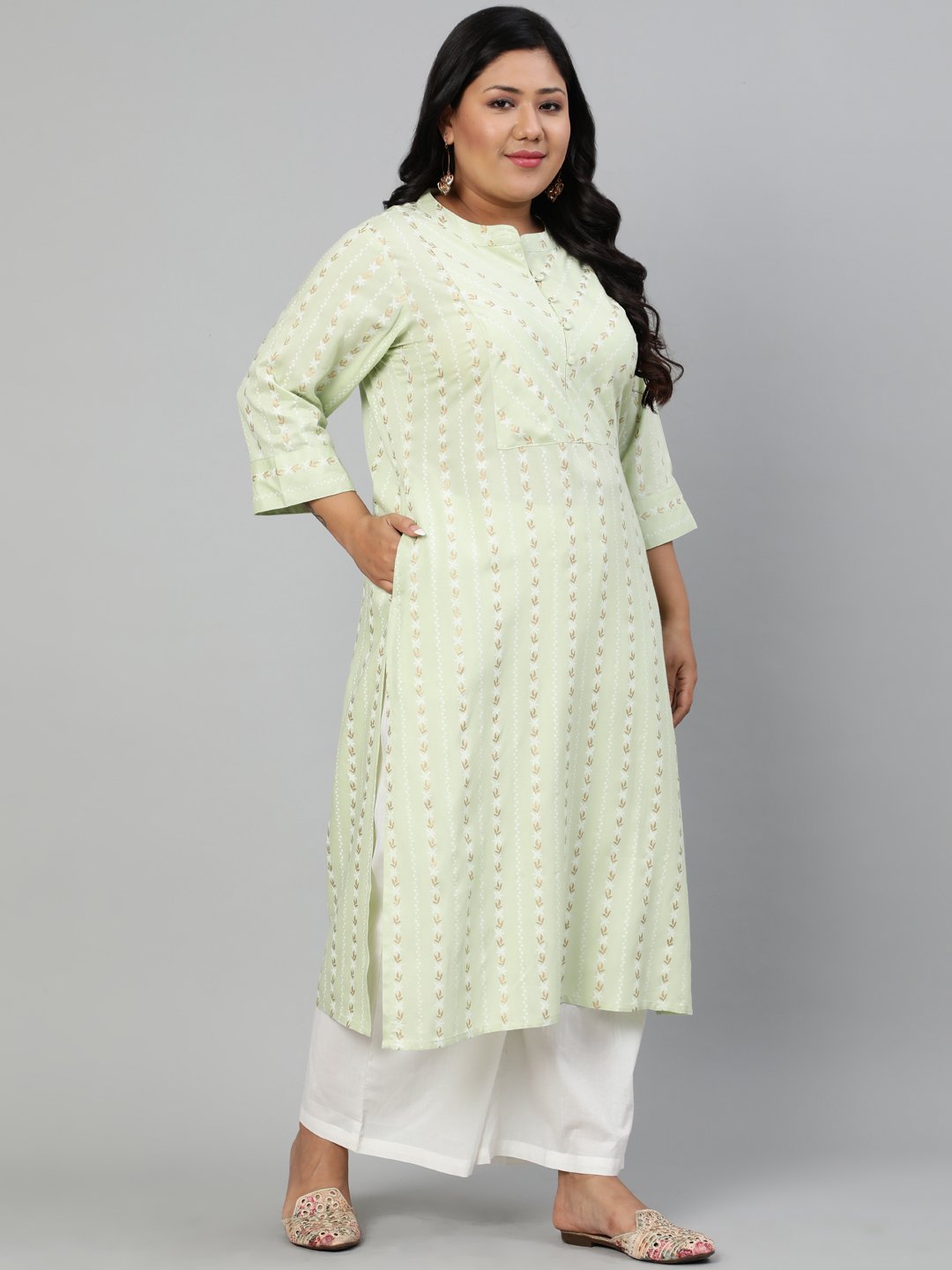 Women Pastel Green  Floral Printed Printed Kurta With Mandarin Collar & Three Quarters Sleeves | LASVINI - Redefining Indian Fashion with Elegance