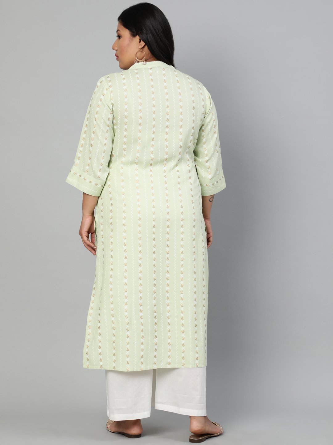 Women Pastel Green  Floral Printed Printed Kurta With Mandarin Collar & Three Quarters Sleeves | LASVINI - Redefining Indian Fashion with Elegance