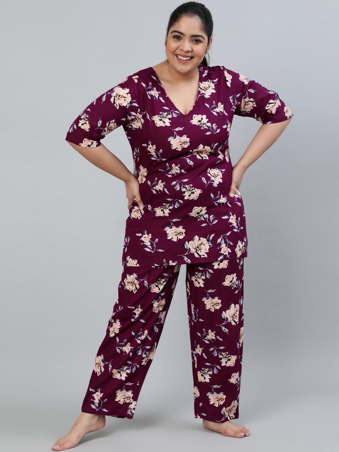 Plus Size Women Burgundy Floral Printed Night Suit With Half Sleeves | LASVINI - Redefining Indian Fashion with Elegance