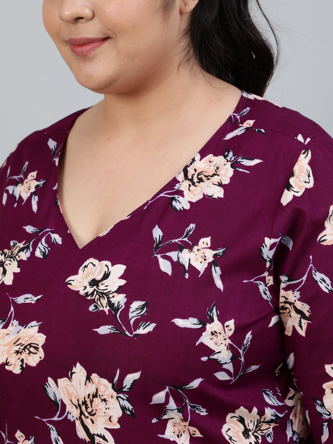 Plus Size Women Burgundy Floral Printed Night Suit With Half Sleeves | LASVINI - Redefining Indian Fashion with Elegance