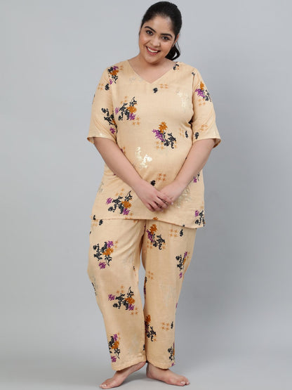 Plus Size Women Cream Floral Printed Night Suit With Half Sleeves | LASVINI - Redefining Indian Fashion with Elegance
