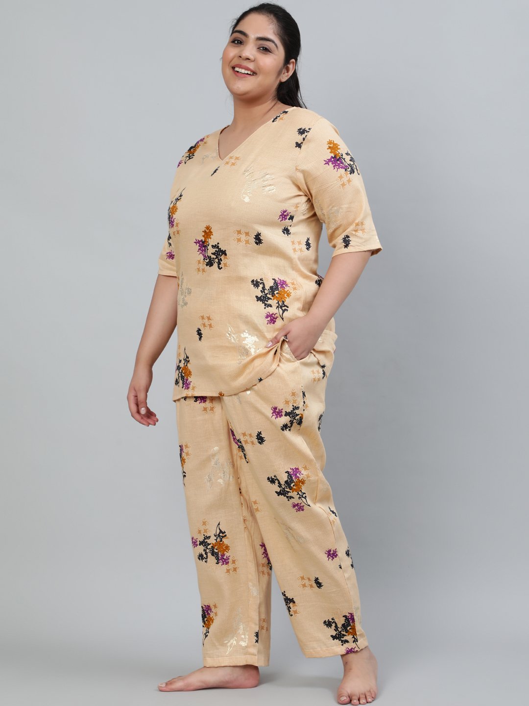 Plus Size Women Cream Floral Printed Night Suit With Half Sleeves | LASVINI - Redefining Indian Fashion with Elegance