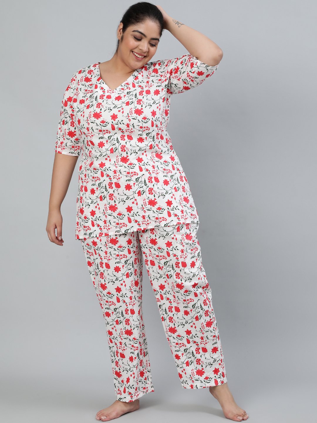 Plus Size Women Off-White Floral Printed Night Suit With Half Sleeves | LASVINI - Redefining Indian Fashion with Elegance