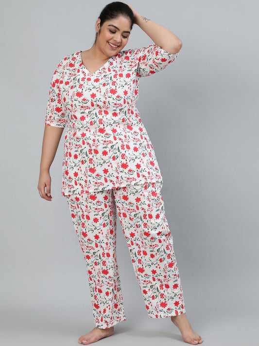 Plus Size Women Off-White Floral Printed Night Suit With Half Sleeves | LASVINI - Redefining Indian Fashion with Elegance