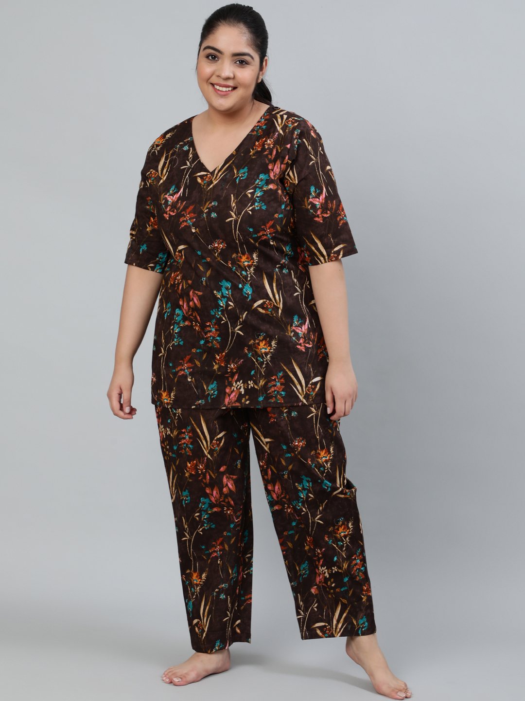Plus Size Women Brown Floral Printed Night Suit With Half Sleeves | LASVINI - Redefining Indian Fashion with Elegance