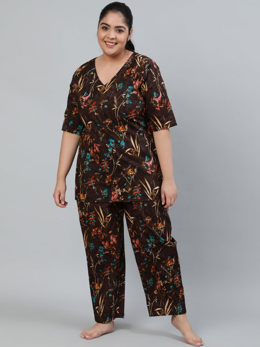 Plus Size Women Brown Floral Printed Night Suit With Half Sleeves | LASVINI - Redefining Indian Fashion with Elegance