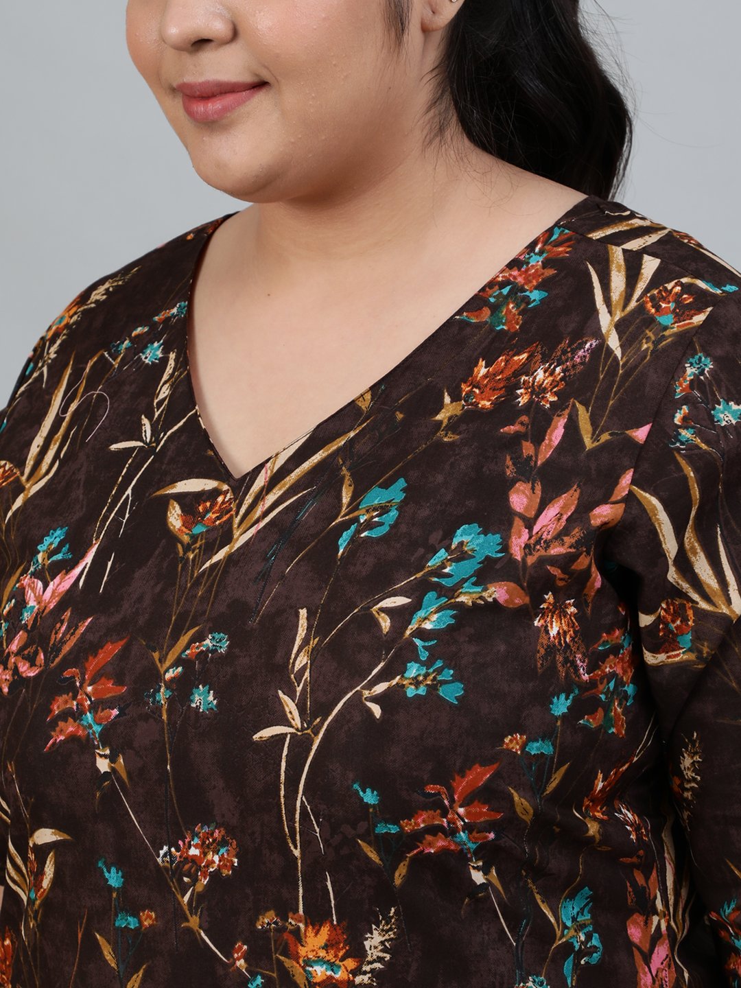 Plus Size Women Brown Floral Printed Night Suit With Half Sleeves | LASVINI - Redefining Indian Fashion with Elegance