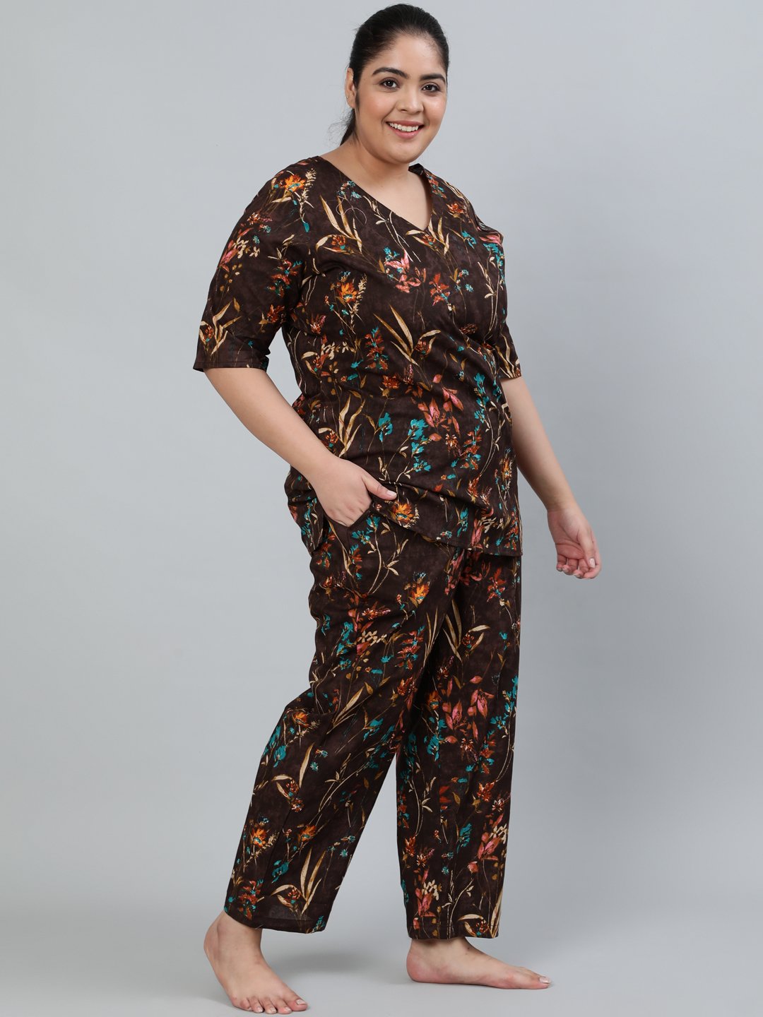 Plus Size Women Brown Floral Printed Night Suit With Half Sleeves | LASVINI - Redefining Indian Fashion with Elegance